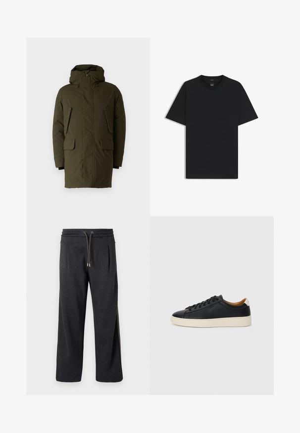 Olive green parka with a hood, featuring a zip and button closure, two front flap pockets, and textured fabric for insulation.; Black short-sleeve T-shirt made from a smooth cotton blend, featuring a crew neckline and a minimalistic design with no patterns or accents.; Dark gray joggers with a soft texture, elastic waistband, drawstring closure, and side seams featuring contrasting accents. Wide-leg design.; Black leather sneakers with a smooth texture, beige rubber sole, lace-up design, and a contrasting heel accent.