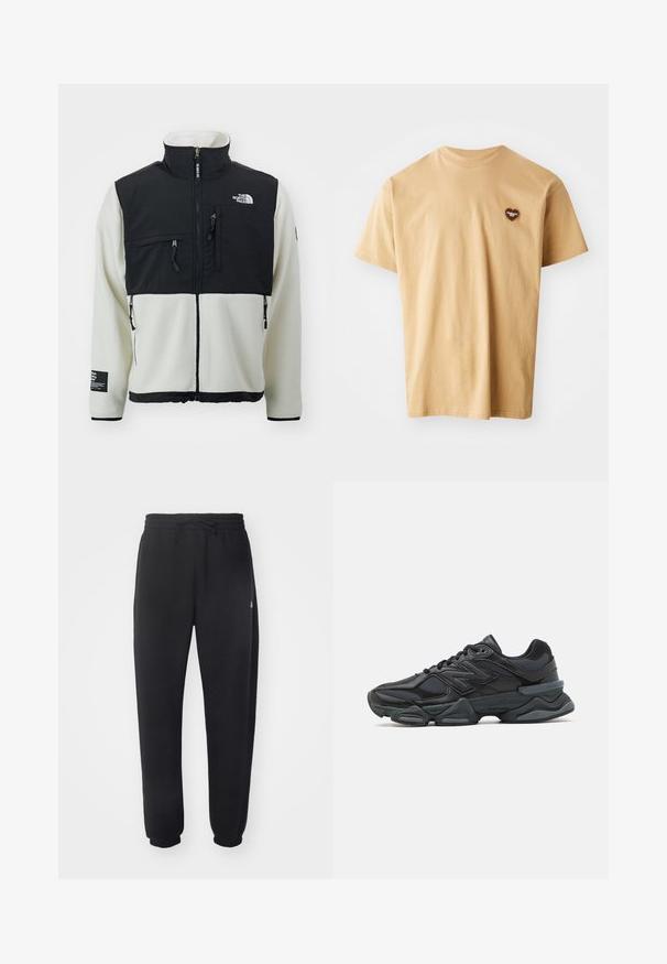 The North Face RETRO DENALI JACKET - Fleecejacka - white dune/black; Beige bomulls t-shirt med kort ärm, rund halsringning och en liten brun hjärta-logotyp på vänster bröstområde. Slät textur, avslappnad design.; Svarta sweatpants gjorda av mjukt material med elastisk midja, snörning och smalnande mudd, med en subtil logotyp på sidan.; Svart löparsko med en kombination av mesh och syntetiska material, kraftig sula, rundad design och framträdande varumärkning på sidan.