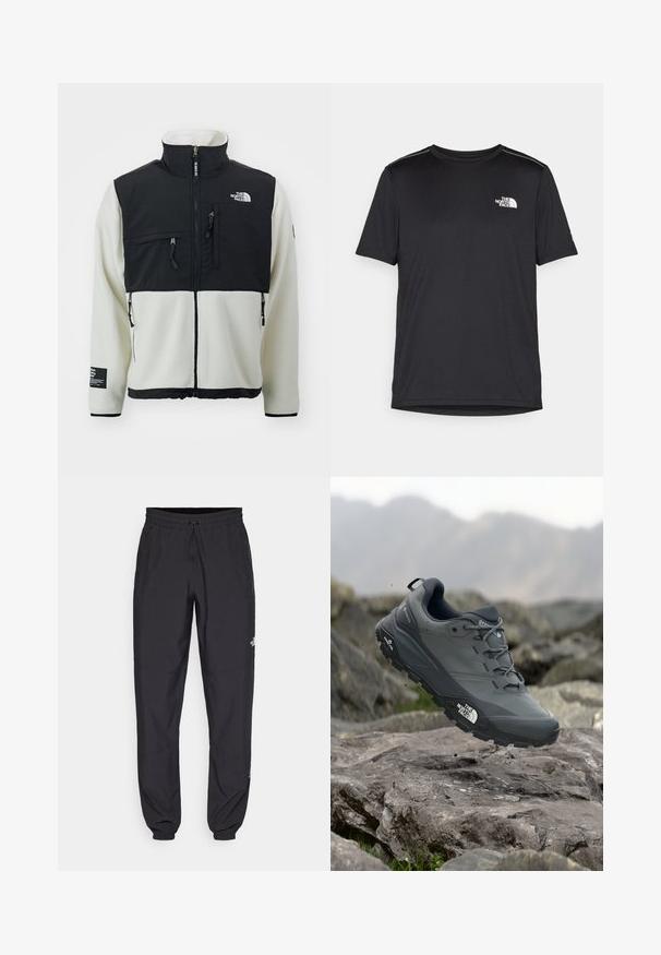 The North Face M RETRO DENALI JACKET - Fliisjakk - white dune/black; Must mustaöödiga must T-särk, mis on valmistatud kerge riidekanga. Esiküljel on vasakul rinnal väike valge logo ning õlgadel on peened aktsendid.; Mustavad sportlikud püksid, mis on valmistatud kergest kangast, joonlauaga taljest, küljetaskudega ja kitsenevate varrukatega pahkluude juures.; Hallhalli jooksukingad halli värvi, tekstureeritud ülemise osaga, vastupidava kummist tallaga ja tugevdatud varvaste kattega. Omab paelu ja kaubamärgi logo küljel.