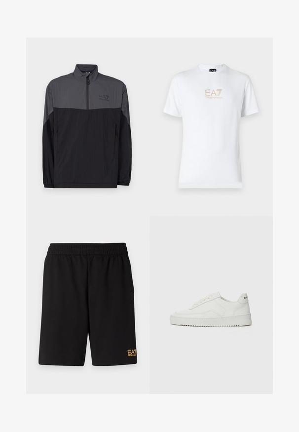 Lightweight, zippered windbreaker in black and grey. Features a high collar, elastic cuffs, and a subtle logo on the chest.; White cotton t-shirt featuring a round neckline and short sleeves, with a gold EA7 Emporio Armani logo printed on the front.; Black athletic shorts made of soft fabric,Featuring an elastic waistband and a small yellow EA7 logo on the lower left leg.; White leather sneaker with a smooth finish, round toe, flat laces, and a textured sole. Features a subtle logo on the heel.