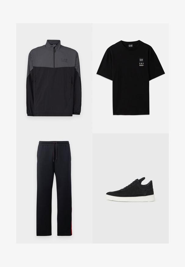 Corta-vento leve, com fecho de correr, em preto e cinza. Dispõe de um colarinho alto, punhos elásticos e um logo discreto no peito.; T-shirt de algodão preto com mangas curtas, decote redondo e uma pequena etiqueta com logótipo na parte da frente, apresentando símbolos de cuidado em branco.; Calças de treino negras com uma cintura elástica ajustável, pernas ajustadas e riscas vermelhas nas laterais. Tecido suave e elástico com uma textura lisa.; Sapatilha de camurça preta com sola de borracha branca, apresentando costuras tonais e um design com atacadores. Textura suave com uma forma moderna e simplificada.