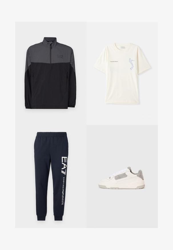 Lett, glidelås vindjakke i svart og grått. Har høy krage, elastiske mansjetter og en diskret logo på brystet.; Hvit bomull t-skjorte med korte ermer, med teksten "United By Rhythm" i svart og blå grafikk på brystet. Rund halsdesign.; Mørkeblå bomullsjoggere med elastisk midje, smalnende bein og kontrasterende hvite EA7- og Emporio Armani-logoer trykt langs siden.; Hvit og lys grå lavt snøre sko med hvite snørebånd og semsket skinn detaljer, vist fra siden på en enkel lys bakgrunn.