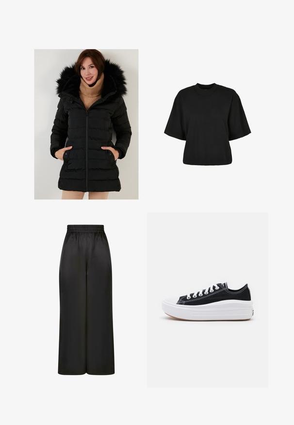 Fekete puff jacket műszőrme béléssel ellátott kapucnival, cipzáros záródással és oldalsó zsebekkel. Tűzött dizájn, hosszú ujjú és bordázott mandzsetták láthatók.; Fekete, rövid ujjú, pamut crop póló. Kerek nyakkivágással rendelkezik. Simára készült textúrája van, egyszerű dizájn, nincs rajta további minta.; Fekete, bő szárú nadrág, sima, fényes anyagból, rugalmas derékrésszel, látható zsebek vagy fém részletek nélkül.; Fekete vászon sportcipők fehér fűzővel, fehér gumi orral és vastag fehér középtalppal. Finom fehér varrással és gumi talppal rendelkezik.