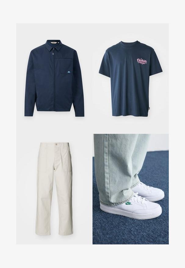 Jachetă bleu marin din țesătură netedă, cu fermoar frontal, guler ascuțit și un singur buzunar pe piept cu un accent mic de logo.; Cămașă din bumbac de culoare albastră marină cu un logo imprimat roz pe piept, cu textul "Dickies Quality Made Workwear." Mâneci scurte, croială standard.; Pantaloni wide-leg de culoare bej deschis, confecționați din bumbac. Dispun de buzunare frontale și închidere cu nasture. Textură netedă cu linii verticale subtile.; Adidași din piele albă cu logo-ul Nike verde, vârf rotund, talpă plată, asortați cu pantaloni din denim bleu deschis, prezentați pe un covor albastru.