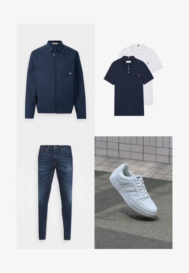 Navy blue jacket made of smooth fabric, featuring a zip front, pointed collar, and a single chest pocket with a small logo accent.; Two polo shirts: one navy blue and one white, both with a small red, white, and blue accent on the chest pocket and collar.; Dark blue denim jeans with a slim fit, subtle fade, five pockets, and a metal button closure. Stitched accents in contrasting color.; White athletic sneaker with smooth leather upper, lace-up front, perforated toe, and patterned sole. Minimalist design with three side stripes.