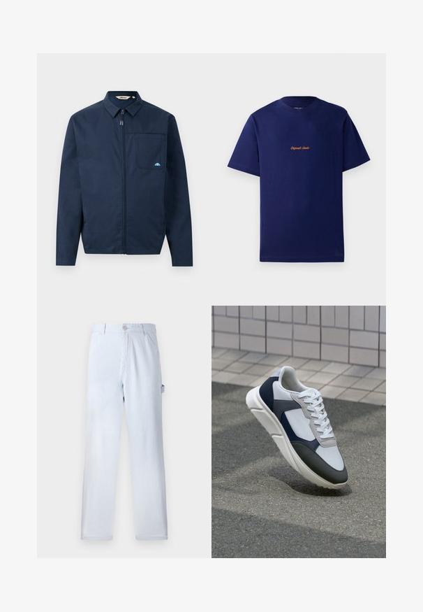 Marine blå jakke laget av glatt stoff, med glidelås foran, spiss krage, og en enkelt brystlomme med en liten logo aksent.; Marineblå bomull t-skjorte med korte ermer. Har en liten, oransje brodert logo på brystet. Klassisk rund hals-designer.; Lyseblå stripete bukser laget av bomull. Rett ben-design, med knappelukking foran og sidelommer. Myk tekstur.; Hvitt, marineblått og grått sportsko med en blandet materialdesign, som har en teksturert overdel, flate snørebånd og en polstret såle.