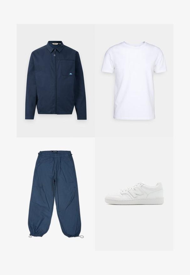 Sötétkék dzseki sima anyagból, elől cipzárral, hegyes gallérral és egyetlen mellzsebbel, amelyen egy kis logó látható.; Fehér, rövid ujjú felső pamut anyagból, kerek nyakkivágással. Egyszerű dizájn, minta vagy díszítés nélkül. Sima textúra.; Kék, könnyű nadrág rugalmas derékkal, oldalsó zsebekkel és beszűkülő szárakkal. Az anyag sima textúrájú, minimális látható varrásokkal.; Fehér sportcipő sima bőrből, perforált orral, texturált gumitalppal, lapos fűzőkkel és kiemelkedő 'N' logóval az oldalon.