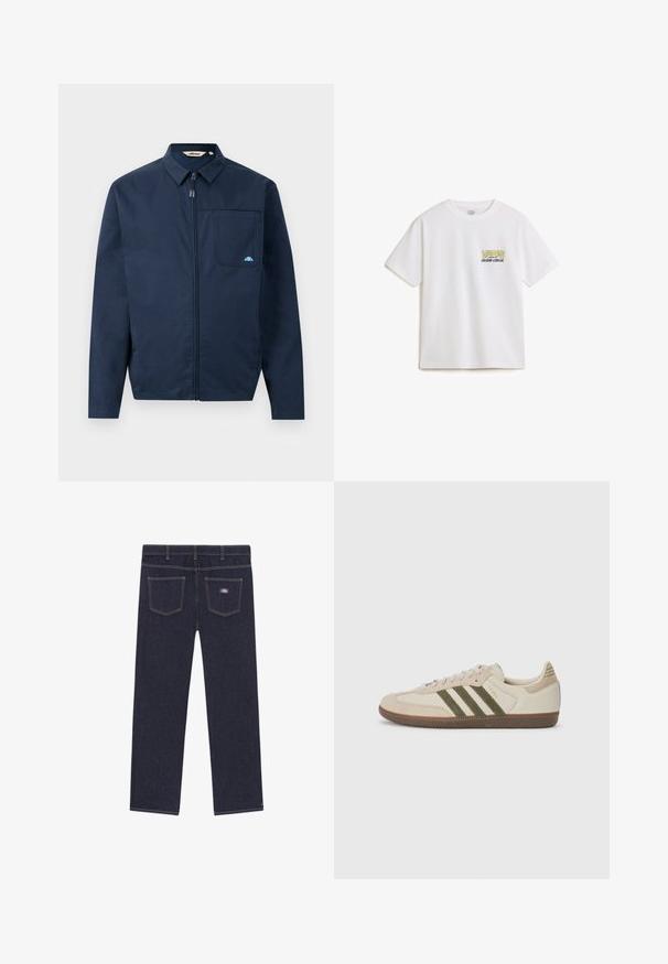 Granatowa kurtka wykonana z gładkiego materiału, z suwakiem z przodu, spiczastym kołnierzem oraz jedną kieszenią na piersi z małym akcentem logo.; Biała bawełniana koszulka z krótkim rękawem, z żółto-czarnym logo "VANS" i napisem "custom classic" na lewej części klatki piersiowej.; Ciemnoniebieskie dżinsy o prostym kroju, z dwoma tylnymi kieszeniami i kontrastowymi żółtymi szwami. Metka marki na prawej kieszeni.; adidas Originals SAMBA OG UNISEX mleczny