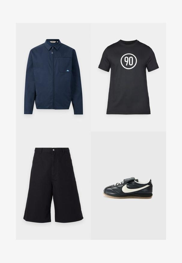 Mørkeblå jakke lavet af glat stof, med lynlås foran, spidse kraver og en enkelt brystlomme med en lille logo detajle.; Sort bomulds T-shirt med et hvidt cirkulært grafisk design med nummeret "90" i midten. Klassisk crew neck design, korte ærmer.; Sorte bomuldsbukser med lige snit, der har forlommer, knaplukning og en tekstur, der er velegnet til afslappet brug.; Sort lædersneaker med hvidt swoosh-logo, snørelukning, velcro-rem og gummisål med et struktureret mønster. Sidevisning præsenteret.