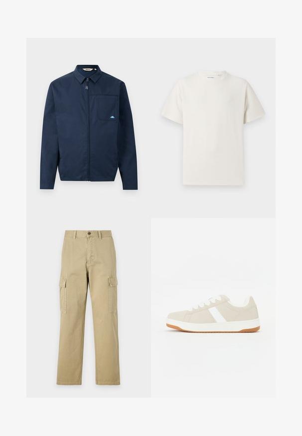 Giacca blu navy realizzata in tessuto morbido, con chiusura a zip frontale, colletto a punta e una singola tasca sul petto con un piccolo logo decorativo.; T-shirt bianca a maniche corte in texture a coste. Girocollo, vestibilità rilassata, senza modelli o accenti visibili. Design semplice e versatile.; Pantaloni cargo beige in cotone, dotati di due tasche laterali, chiusura con bottone e gamba dritta con tessuto leggermente texture.; Sneaker beige con accenti bianchi, texture in suede, forma tondeggiante, design con lacci e suola in gomma naturale a contrasto.