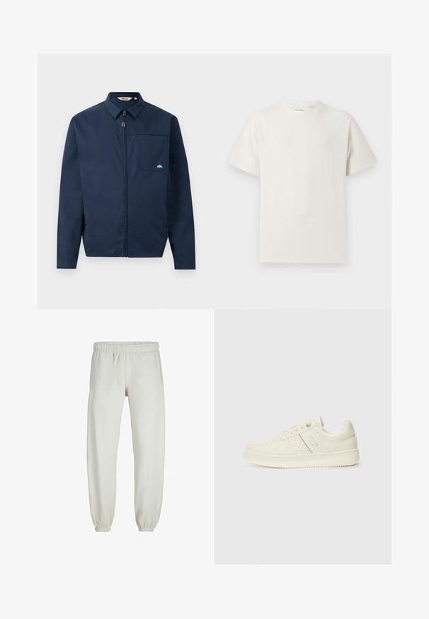 Giacca blu navy realizzata in tessuto morbido, con chiusura a zip frontale, colletto a punta e una singola tasca sul petto con un piccolo logo decorativo.; T-shirt bianca a maniche corte in texture a coste. Girocollo, vestibilità rilassata, senza modelli o accenti visibili. Design semplice e versatile.; Pantaloni tuta bianchi realizzati in tessuto morbido, dotati di vita e polsini elastici, con una texture liscia e una vestibilità ampia.; Sneaker color crema con dettagli perforati, lacci e logo sul lato, esposta su uno sfondo bianco semplice.