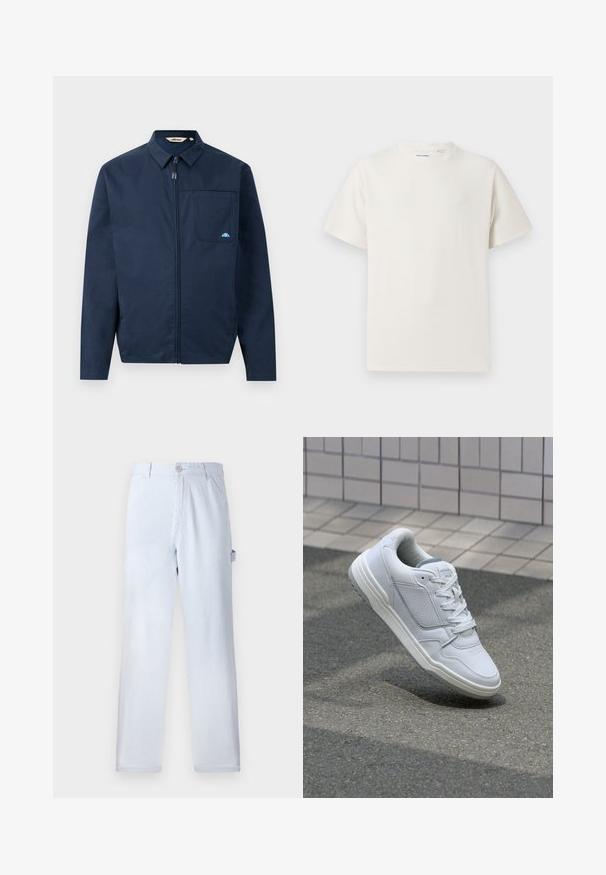 Navy blue jacket made of smooth fabric, featuring a zip front, pointed collar, and a single chest pocket with a small logo accent.; White short-sleeve T-shirt in a ribbed texture. Round neckline, relaxed fit, no visible patterns or accents. Simple and versatile design.; Light blue striped trousers made of cotton. Straight-leg design, featuring a front button closure and side pockets. Soft texture.; White leather sneaker with perforated sides, textured accents, flat laces, and a contrasting gray heel. Features a slightly elevated sole.