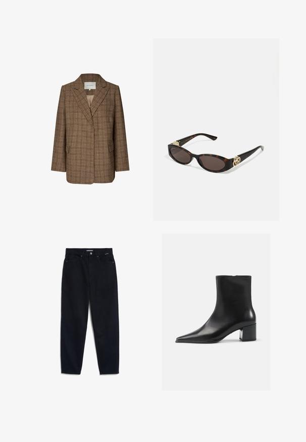 Blazer a quadri marrone realizzato in tessuto testurizzato, con colletto a punta, due tasche frontali e una vestibilità rilassata. L'interno è di una tonalità più chiara.; Cardigan grigio lavorato a maglia con motivo a trecce, dotato di scollo rotondo, chiusure a bottoni e bottoni scuri. Piccolo logo sul petto.; Camicia bianca button-up in cotone, con taschino sul petto e piccolo logo ricamato. Vestibilità loose con colletto classico e maniche lunghe.; Jeans in denim nero con gamba dritta, design a cinque tasche e chiusura a bottone. Il tessuto ha una texture liscia e cuciture minime a vista.; Stivaletto in pelle nera con punta appuntita, texture liscia e tacco medio a blocco. Design minimalista, chiusura con zip sul retro.; Occhiali da sole tartarugati con lenti ovali allungate, tonalità marrone, accenti dorati con logo sulle tempie e aste nere eleganti.
