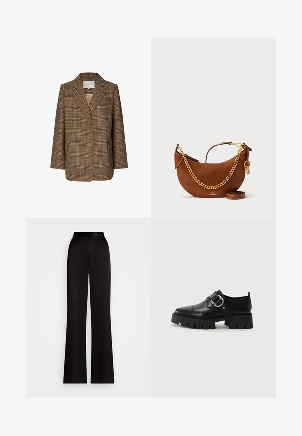 Brūns rakstā ņieburs jaka no teksturēta auduma, ar izgrieztu apkakli, divām priekšējām kabatām un brīvu piegriezumu. Iekšpuse ir gaišākā krāsā.; Melnā kokvilnas t-krekls ar īsām piedurknēm, apaļu kaklu un mazu baltu logo apakšējā kreisajā stūrī. Klasisks, taisnstūrveida piegriezums ar minimālu detaļu skaitu.; Melnas platās bikses, izgatavotas no gludas auduma, ar augstu jostu un pilnībā garu dizainu. Nav redzamu rakstu vai akcentu.; Melni ādas apavi ar masīvu, rievojumu zoli, ar apaļu sudraba aksesuāru un minimālām šuvēm.; Brūns ādas rokassomu ar izliekta dizaina, zelta ķēdes siksnu, iekšējo kabatu un noņemamu plecu siksnu. Ievērojama kontrastējoša šuvuma detaļa.