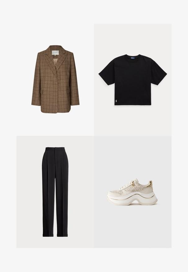 Brown plaid blazer made of textured fabric, featuring a notched collar, two front pockets, and a relaxed fit. Interior is a lighter shade.; Black cotton t-shirt with short sleeves, round neck, and a small white logo on the bottom left. Classic, boxy fit with minimal detailing.; Black tailored trousers with a high waist, featuring pleats at the front, a straight leg design, and a cuffed hem. Made from smooth fabric.; Beige and gold platform sneaker with "MK" pattern, lace-up front, gold charm, and thick wavy sole against plain background.