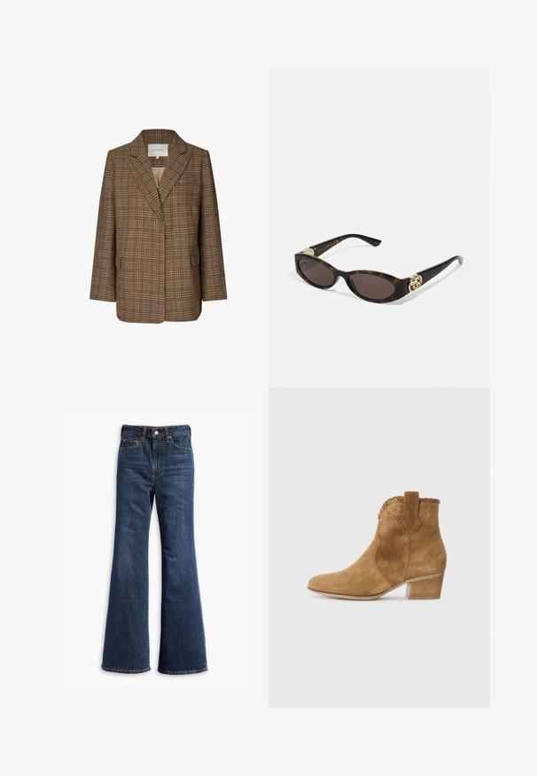 Blazer écossais marron en tissu texturé, avec un col à revers, deux poches avant et une coupe décontractée. L'intérieur est d'une teinte plus claire.; T-shirt à manches longues et col rond en marron foncé, fabriqué en tissu jersey. Présente un design ajusté avec une texture lisse et des détails de couture minimaux.; Jeans en denim bleu foncé taille haute avec jambes évasées, fermeture à boutons et zip à l'avant, et conception à cinq poches.; Bottine en suede beige avec un bout pointu, une bordure texturée au col, et un talon carré. Équipée d'une languette pour un enfilage facile.; Lunettes de soleil en écaille, avec des verres ovales allongés, teinte marron, accents de logo doré sur les branches et montures noires élégantes.; Sac fourre-tout en faux suède marron avec deux poignées robustes, une forme structurée et un design minimaliste, présentant des accents de couture subtils.