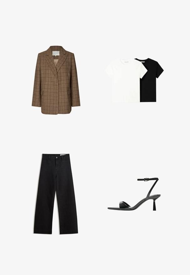 Brązowa marynarka w kratę uszyta z teksturowanej tkaniny, z klapkowym kołnierzem, dwoma przednimi kieszeniami i luźnym krojem. Wnętrze jest w jaśniejszym odcieniu.; Dwa t-shirty z krótkim rękawem, jeden biały i jeden czarny, wykonane z bawełny. Oba mają okrągły dekolt i prosty, klasyczny design.; Czarne dżinsowe spodnie o szerokich nogawkach i wysokim stanie, z przednimi i tylnymi kieszeniami, przeszyciami oraz zapięciem na guziki. Gładka struktura.; Bershka - Sandały na obcasie