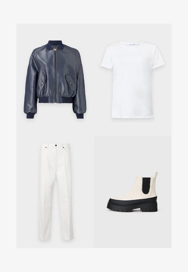 Denim bomber jacket, dark blue with shiny finish. Features a zip closure, ribbed cuffs, and two angled pockets with snap buttons.; White short-sleeve t-shirt made of cotton with a crew neck design. Smooth texture and straight cut, no patterns or accents.; White denim pants featuring a straight cut, button closure, and two front pockets. No visible patterns or embellishments. Smooth texture.; Chunky platform ankle boots with a white upper, black rubber sole, and contrasting black elastic side panels. Faux fur trim at the top edge.