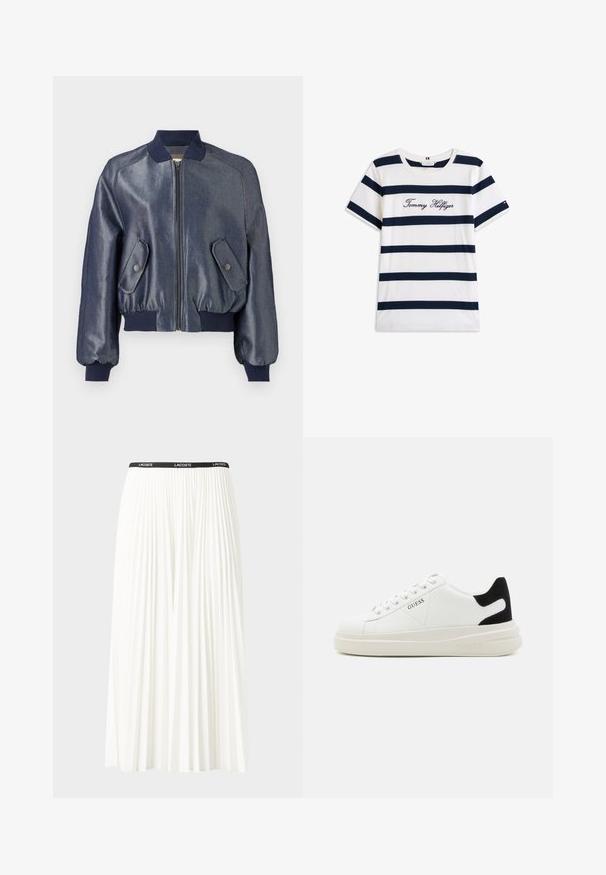 Jeans bomberjacka, mörkblå med glänsande yta. Har dragkedjestängning, ribbad mudd och två snedställda fickor med snapknappar.; T-shirt i bomull med horisontella marinblå ränder på vit bakgrund. "Tommy Hilfiger" broderat i kursiv på bröstet. Rund halsringning.; Fälld vit kjol med svart elastiskt midjeband som har "LACOSTE"-logotypen. Mittenlång design med mjuk textur.; Vita lädersneakers med en tjock vit sula, svartsuede hälaccent och präglad logotyp på sidan. Snörningsdesign med sex öglor.