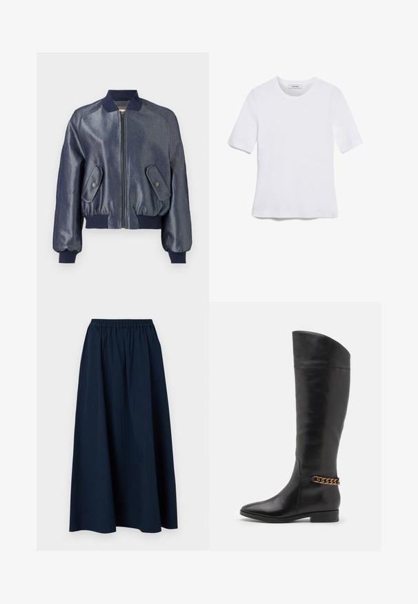 Denim bomber jacket, dark blue with shiny finish. Features a zip closure, ribbed cuffs, and two angled pockets with snap buttons.; White short-sleeve t-shirt made of ribbed fabric. Round neckline, regular fit, and subtle stitching details. No patterns or graphics.; Navy blue, full-length skirt made from textured fabric with an elastic waistband and subtle vertical stripes.; Tall black leather boots with a sleek design, pointed toe, and a gold chain accent at the ankle. Low block heel. Smooth texture.
