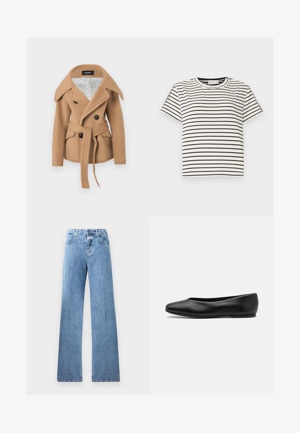 Veste en laine camel à double boutonnage avec larges revers, boutons noirs, ceinture à nouer, poches à rabat et doublure blanche à motifs d'étoiles.; T-shirt en coton à manches courtes avec un col rond, présentant des rayures verticales noires sur un fond blanc et un design à coupe droite.; Jeans en denim bleu clair avec une coupe large, cinq poches, passants de ceinture et fermeture à bouton. Le tissu a une texture lisse.; Paul Smith TOPANGA - Ballerines - black