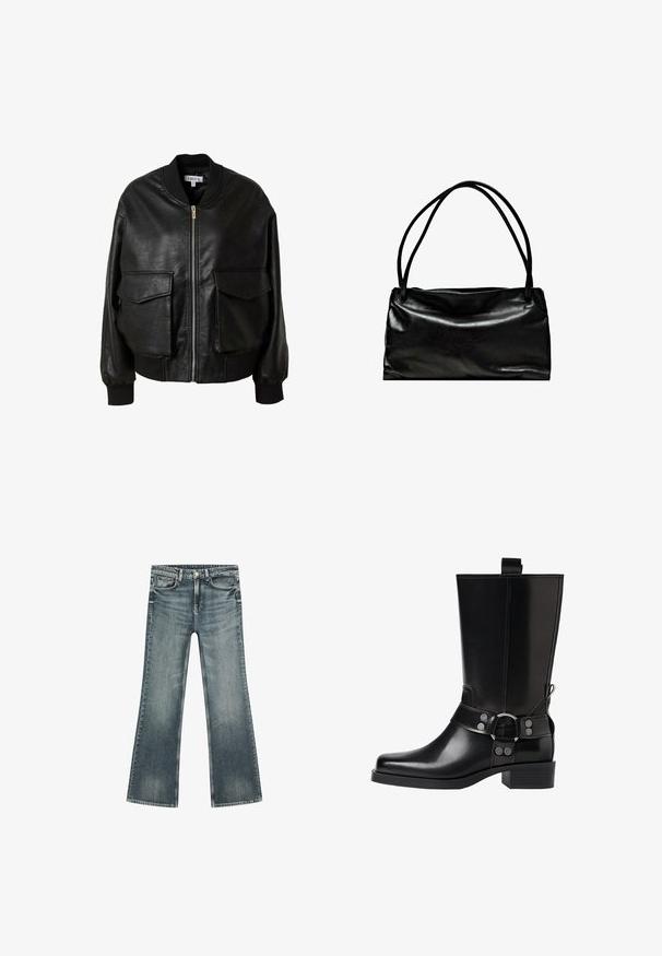 Schwarze Leder-Bomberjacke mit Reißverschluss vorne, geripptem Kragen und zwei übergroßen Fronttaschen mit Klappenverschluss. Weicher Stoff, lässige Passform.; Grauer Strickpullover mit V-Ausschnitt, gerippten Bündchen und lockerer Passform, getragen über hellbeigen Hosen. Glatte Textur.; Dunkelblaue Denim-Flared-Jeans mit Fünf-Taschen-Design, leichter Ausbleichung und Reißverschluss. Glatte Textur und gerade Beinform.; Schwarze Lederstiefel bis zum Knie mit spitzer Zehenform, silbernen Schnallenakzenten und einem klobigen Absatz. Verfügt über eine Zuglasche für einfaches Anziehen.; Schwarze Lederhandtasche mit einer glatten Oberfläche, rechteckiger Form und zwei langen Griffen. Einfaches Design ohne sichtbare Beschläge oder Verzierungen.