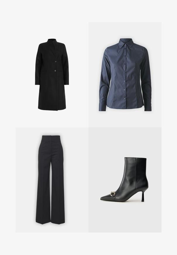 Gyapjú keverékből készült fekete kabát, magas gallérral, dupla gombos kialakítással, két gombbal és oldalsó zsebekkel. Simaság jellemzi, térdhosszú.; Tengerészkék, hosszú ujjú ing gombos elülső résszel, hegyes gallérral és testhez álló fazonnal. Simább, könnyű anyagból készült.; Fekete anyagból készült, széles lábú nadrág, magas derékkal, letisztult kivitelben és sima textúrával. Nincs látható hardver vagy minta.; Fekete bőr bokacsizma hegyes orral, vékony közép magasságú sarokkal és ezüst csattal az oldalon, sima háttér előtt.