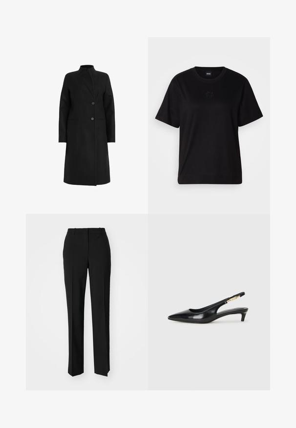 Svart kappa i ullblandning, med hög krage, dubbelknäppt design med två knappar och sidofickor. Slät textur, knä-lång.; Svart bomullströja med rund halsringning, korta ärmar och en broderad logotyp på bröstet. Enkel, avslappnad passform utan mönster.; Svarta skräddarsydda byxor med rak benform, med en slät yta och skarpa veck fram. Ingen synlig hårdvara.; Svart läder slingback-hälar med spetsig tå, med en smal klack och en guldtonad detalj på den justerbara remmen. Slät textur.