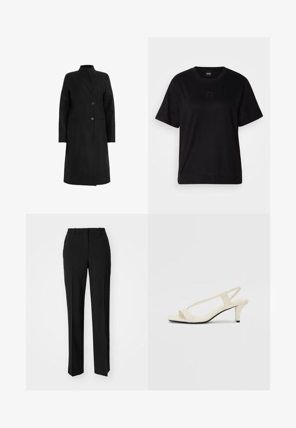 Melns mētelis, izgatavots no vilnas maisījuma, ar augstu apkakli, dubultā slēgšanas dizainu ar divām pogām un sānu kabatām. Gluda tekstūra, līdz ceļiem.; Melna kokvilnas T-krekls ar apaļu izgriezumu, īsām piedurknēm un izšūtu logotipu uz krūtīm. Vienkāršs, brīvs piegriezums bez rakstiem.; Melnas pielāgotas bikses ar taisnu kāju dizainu, kas raksturojas ar gludu faktūru un asiem krokām pa priekšu. Nav redzamu metāla detaļu.; Beige bloku papēžu sandales ar plānām siksnām un kvadrāta formas purngalu. Gluda materiāla virsma ar minimālām detaļām, paredzētas ērtai nēsāšanai.