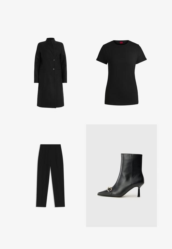 Cappotto nero in misto lana, con colletto alto, design doppiopetto con due bottoni e tasche laterali. Tessuto morbido, lunghezza al ginocchio.; T-shirt in cotone nero con maniche corte arrotolate, scollatura rotonda e etichetta rossa. Texture liscia, forma aderente con dettagli minimi.; Pantaloni neri a taglio dritto, con doppie pieghe, una texture liscia e un design classico in vita. Nessun hardware o dettaglio visibile.; Stivale alla caviglia in pelle nera con punta affusolata, tacco sottile di media altezza e dettaglio in fibbia argentata sul lato, su sfondo semplice.