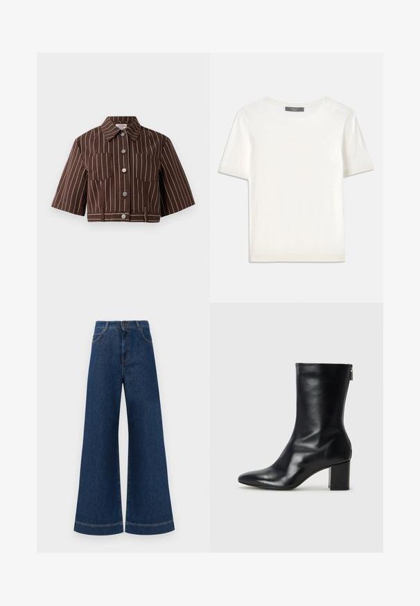 Brown cropped jacket with white vertical stripes, short sleeves, two chest pockets, and button closure featuring metallic accents.; White short-sleeve knit top with a round neckline, featuring a smooth texture and subtle ribbed accents at sleeves and hem.; Wide-leg blue denim jeans with a high waist, featuring a button closure, belt loops, and subtle stitching details along the pockets and hems.; Black leather ankle boot with a pointed toe and 4 cm block heel. Sleek design features a side zipper for easy wear. Smooth texture.