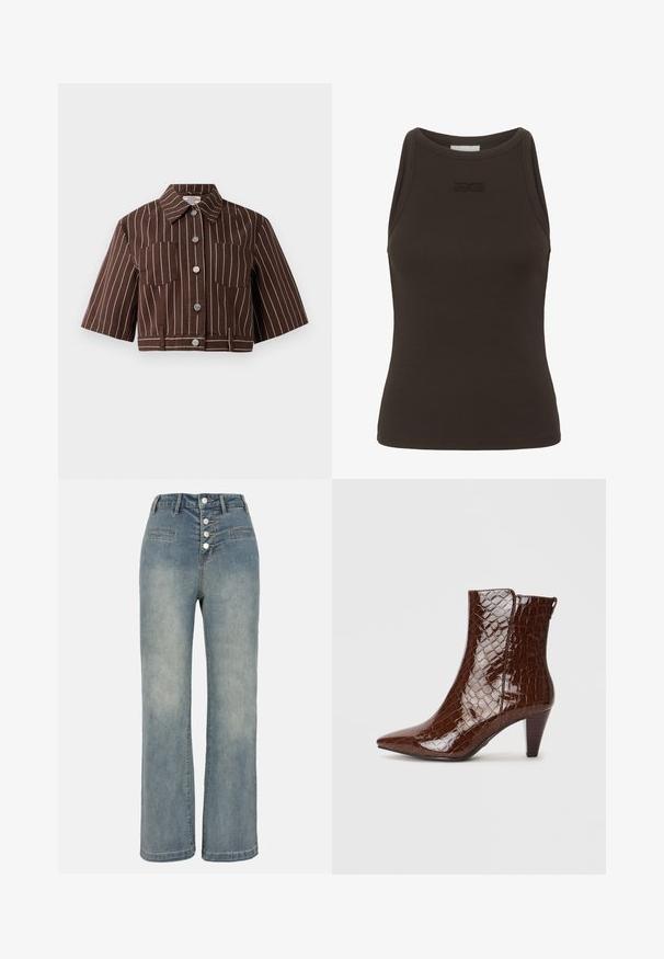 Smeđa skraćena jakna s bijelim vertikalnim prugama, kratkim rukavima, dvije vrećice na prsima i kopčanjem na dugmad s metalnim detaljima.; Smeđa rebrasta majica bez rukava s visokim ovratnikom, koja se ističe suptilnim logotipom na području grudi. Izrađena od rastezljivog materijala.; Svijetloplavi traper široki traperice s visokim strukom, zatvaranje na pet dugmadi i dva prednja džepa. Glatka tekstura s blagim izbljeđivanjem.; Smešani smeđi umjetni krokodilski kožni čizmi s izduženim vrhom i suženim potpeticama. Ima sjajnu teksturu i detalj bočnog zatvarača.