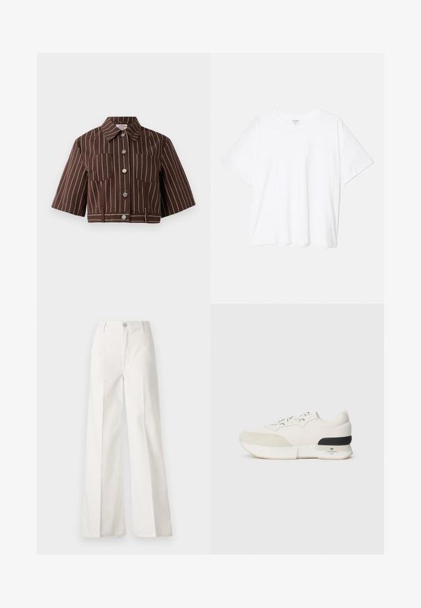 Brun cropped jakke med hvite vertikale striper, korte ermer, to brystlommer og knappelukking med metalliske detaljer.; Hvit bomulls t-skjorte med korte ermer, rund hals, avslappet passform og sydd kant. Merke synlig på innsiden av halsen.; Hvite vide bukser laget av bomull med en glatt tekstur. Har en frontknapp, glidelåsgylf og fire lommer.; Hvite sneakers med en teksturert ser ut som en suede tåhette, glatt mesh-overdel, dekorative snørebånd og en svart gummihælaccent.