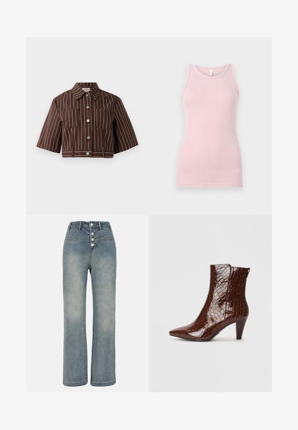 Brun cropped jakke med hvite vertikale striper, korte ermer, to brystlommer og knappelukking med metalliske detaljer.; Lys rosa tanktopp laget av myk, elastisk stoff. Har en rund halslinning og smale skulderstropper, med en jevn tekstur og tettsittende form.; Lyseblå denim vide ben-bukser med høy midje, fem-knappers lukking og to frontlommer. Glatt tekstur med subtil bleking.; Brune falsk krokodillelær ankelstøvle med spids tå og tilspidset hæl. Har en blank overflade og lynlåsdetalje på siden.