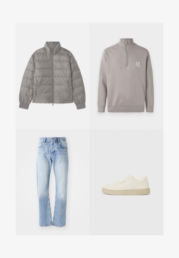 Veste matelassée grise en duvet avec un col haut, deux poches zippées sur les côtés, des poignets élastiques et une texture légère et lisse.; Pull-over gris clair à zip quart, fabriqué en matériau doux, avec un petit logo blanc sur la poitrine et des poignets et une taille élastiqués.; Jean en denim bleu clair avec une coupe droite. Présente un design à cinq poches, un zip, et une texture décolorée vers le bas.; Baskets en toile blanches avec une semelle en caoutchouc texturée, présentant un capuchon de chaussure cousu et un accent de logo sur le talon. Design simple à lacets.