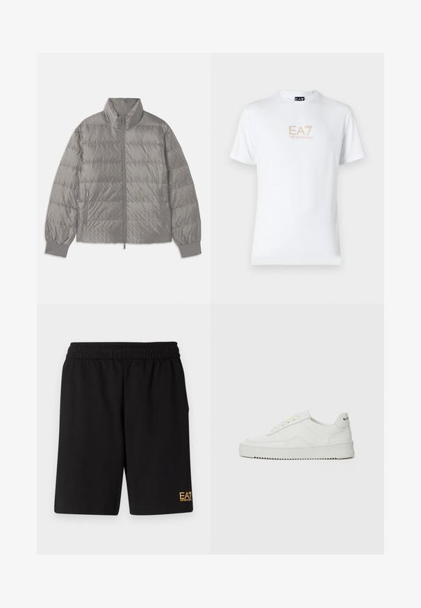 Prešívaná šedá bunda typu puffer s vysokým golierom, dvomi postrannými zipsovými vreckami, elastickými manžetami a ľahkým, hladkým povrchom.; Biela bavlnená tričko s okrúhlym výstrihom a krátkymi rukávmi, na prednej strane s potlačou zlatého loga EA7 Emporio Armani.; Čierne športové šortky vyrobené z jemného materiálu, s elastickým pásom a malým žltým logom EA7 na dolnej ľavej nohe.; Biele kožené tenisky s hladkým povrchom, okrúly špičkový dizajn, ploché šnúrky a textúrovaná podrážka. Obsahujú jemné logo na päte.