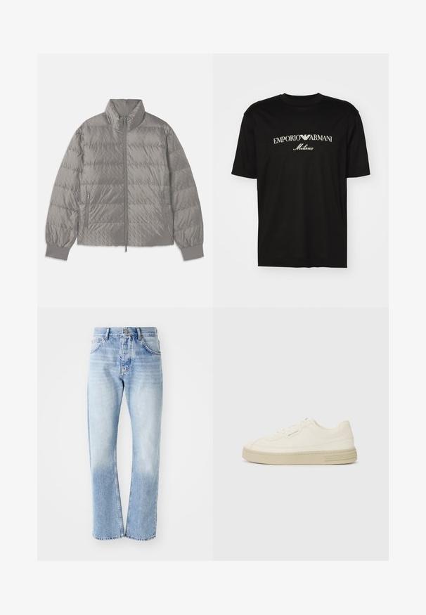Quiltet grå pufferjakke med høj krave, to sidelommer med lynlåse, elastiske manchetter og en let, glat tekstur.; Sort bomulds T-shirt med rund halsudskæring, korte ærmer og "EMPORIO ARMANI" logo i hvid over "Milano" i et buet design.; Lyseblå denim jeans med lige ben. Har en fem-lomme design, knaplukning og en falmet tekstur mod bunden.; Hvide kanvas sneakers med en tekstureret gummisål, der har en syet tåhætte og logoaccent på hælen. Simpel snørebåndsdesign.