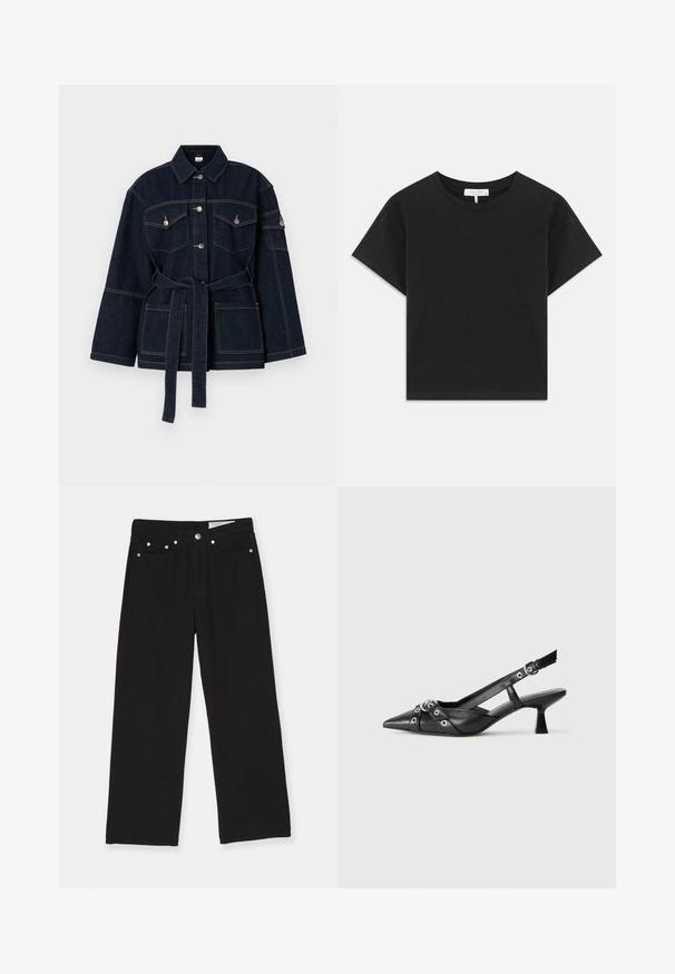 Ksubi DUTY JACKET ZENITH POP - Džinsa auduma jaka - dark blue; Melnā īsā krekla t-kreklu, kas izgatavots no kokvilnas, ar apaļu kakla izgriezumu, īsām piedurknēm un vienkāršu dizainu bez rakstiem vai rotājumiem.; Melni platajā kāja džinsi izgatavoti no denima, ar piecu kabatu dizainu, pogu aizdari un metāla elementu akcentiem. Tekstūru audums ar gludu apdari.; Melnas ādas šlipsveida kurpes ar norādītu purngalu, dekoratīvām joslām ar metāla acīm un zemu bloku papēdi. Teksturēta virsma.