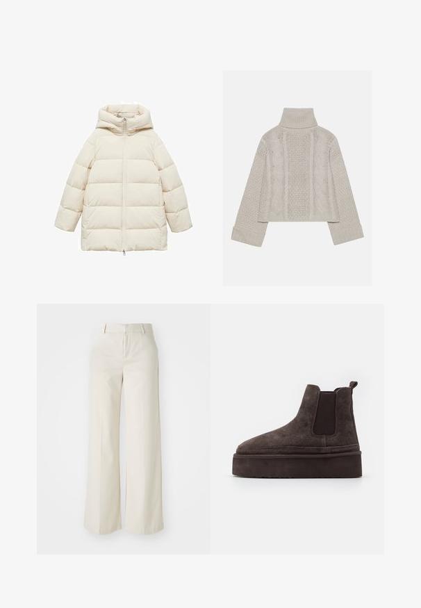 Vaalean kermanvärinen toppatakki, jossa on huppu, vetoketjukiinnitys, vaakasuora päälystyskuvio ja löysä istuvuus. Pehmeä, sileä kangas.; Lyhyt, vaaleanharmaa neulepusero korkealla kauluksella ja ribbireunuksilla, jossa on teksturoidut letkut kuvioita takana ja sivuilla.; Tilavat housut vaaleassa beigeissä sävyissä, valmistettu sileästä kankaasta. Ominaisuuksina klassinen vyötäröosa ja litteä etuosa, joissa on puhtaat linjat.; Kastanjanruske semiš Chelsea čizme s elastičnim bočnim panelima i debelim, teksturiranim platformom. Imaju petni trak za lakše obuvanje.