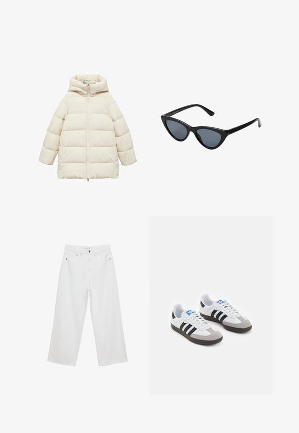 Giacca a vento in color crema con cappuccio, dotata di chiusura a zip frontale, design a righe orizzontali trapuntate e vestibilità ampia. Tessuto morbido e liscio.; Top in cotone bianco senza maniche, con scollatura ampia e linea aderente. Tessuto liscio, design semplice e dettagli di cucitura minimi.; Jeans bianchi a gamba larga realizzati in denim con vita alta, dotati di cinque tasche e dettagli in metallo. Texture liscia, senza motivi visibili.; Scarpe sportive con tomaia in pelle bianca, punta in suede grigia e tre strisce nere. Presentano un logo blu sulla linguetta e una suola in gomma testurizzata.; Occhiali da sole cat-eye neri con lenti grigie scure, montatura in plastica elegante, angoli appuntiti e tempie dritte. Nessuna ferramenta o accenti visibili.