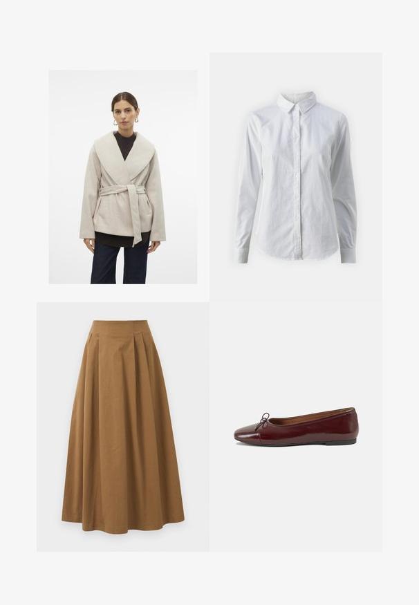 Lys beige innpakningsfrakk laget av myk stoff, med en bred krage, belte i midjen, og to sidelommer. Brukt over en mørk genser.; Hvit skjorte med knapper laget av glatt bomull, med klassisk krage, lange ermer og buet skjær. Knapper er små og hvite.; Brun bomull A-linje skjørt med høy midje, med folder foran og en jevn tekstur. Kantene er rene og enkle.; Burgunderrød lakk lær ballettleilighet med rund tå, liten sløyfe foran og en lav, svart gummisåle. Glatt tekstur.