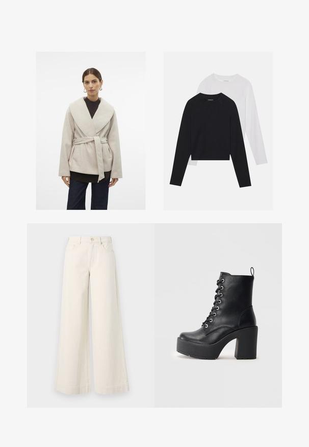 Lys beige innpakningsfrakk laget av myk stoff, med en bred krage, belte i midjen, og to sidelommer. Brukt over en mørk genser.; To lange ermerte skjorter: en svart og en hvit. Begge har rund hals, raglanermer og er laget av en myk bomullsblanding.; Vide ben, lyse beige denim bukser med høj talje, to frontlommer, knaplukning og diskret syninger.; Sorte læder ankelstøvle med en kraftig blokhæl, snøre foran og tekstureret overflade. Har en flap på bagsiden for nem påtagning.