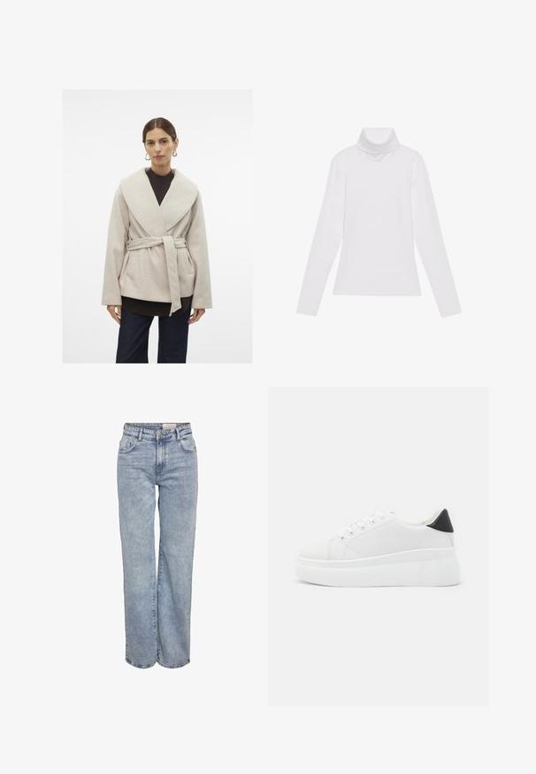 Light beige wrap coat made of soft fabric, featuring a wide collar, belt at the waist, and two side pockets. Worn over a dark sweater.; White long-sleeve turtleneck top made of smooth, stretchy fabric. Features a high collar and fitted design, with no visible patterns or embellishments.; Light blue wide-leg jeans made from denim, featuring a high waist, five-pocket design, and subtle fading for a worn-in look.; White platform sneakers made of smooth synthetic material, featuring a rounded toe, lace-up design, and a textured rubber sole. Black heel accent.