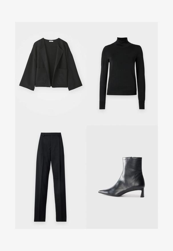 Črna skrajšana jakna iz mehkega materiala. Ima široke rokave, odprto sprednjo stran in dva sprednja žepa. Preprost, čist dizajn brez zapiranj.; Črni pulover s dolgimi rokavi in vratnikom, z rebrastimi манжетами in robom, prikazan na enobarvni beli podlagi.; Črne hlače iz gladkega materiala, ki imajo visok pas, široke noge, sprednje nabore in klasične zanke za pas. Nevidni stranski žepi.; Črne usnjene gležnjarje s šiljastim nosom in elegantnim dizajnom. Imajo nizko peto in zadrgo na zadnji strani. Gladka tekstura.