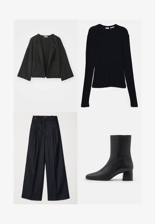 Czarna krótka kurtka wykonana z miękkiego materiału. Posiada szerokie rękawy, otwarty przód oraz dwie przednie kieszenie. Prosty, czysty design bez zapięć.; Czarny, długi rękaw top wykonany z miękkiego materiału, z okrągłym dekoltem i luźnym krojem z bocznymi rozcięciami u dołu, zapewniającymi swobodę ruchów.; Czarne spodnie o szerokich nogawkach, wykonane z gładkiego materiału, z wysokim stanem, zakładkami i dopasowanym krojem. Proste czarne elementy metalowe w talii.; Czarne skórzane botki za kostkę z ostrym noskiem i masywnym kwadratowym obcasem. Gładka faktura z bezszwowym designem i minimalnym przeszyciem.