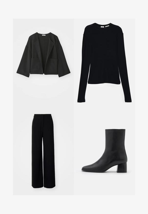 Fekete, rövidített dzseki puha anyagból. Széles ujjaival, nyitott elülső résszel és két elülső zsebbel rendelkezik. Egyszerű, letisztult dizájn, rögzítőgombok nélkül.; Fekete, hosszú ujjú felső, puha szövetből készült, kerek nyakkivágással és laza szabással, az alján oldalhasítékokkal a mozgás könnyítése érdekében.; Fekete, bőszárú nadrág magas derékkal, sima anyagból, elöl gombos záródással, látható zsebek nélkül, testhezálló fazonnal.; Fekete bőr bokacsizma hegyes orral és vastag, négyzet alakú sarokkal. Simább felület, mondanivaló nélküli dizájn és minimalista varrás.