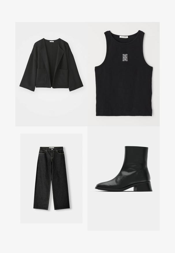 Black cropped jacket made of soft fabric. Features wide sleeves, an open front, and two front pockets. Simple, clean design without fasteners.; Black ribbed tank top with a crew neckline and embroidered logo in white. Features a fitted silhouette and clean, straight hem.; Black denim wide-leg jeans featuring five pockets, metal button and zipper closure, and contrasting yellow stitching along the seams.; Black ankle boot made of shiny leather, featuring a sleek design, pointed toe, and a moderate block heel for stability.