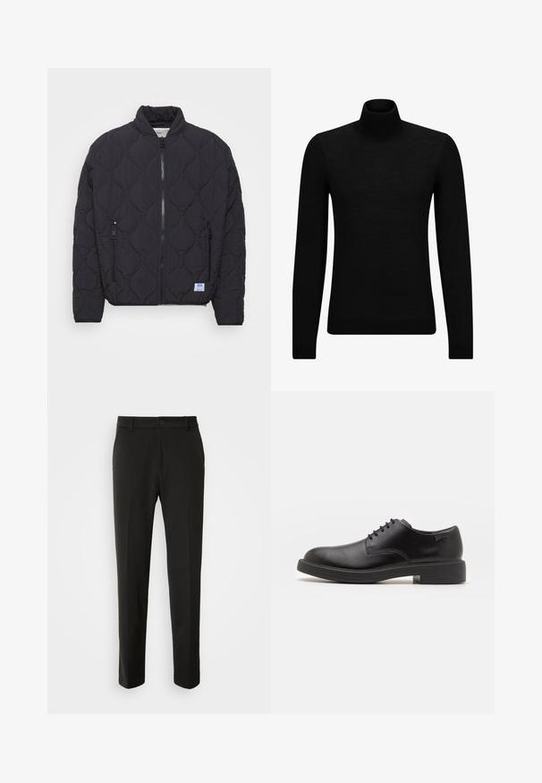 Svart vadderad bomberjacka med hög krage, dragkedja framtill och två sidofickor. Har en logotyp på den nedre vänstra sidan.; Svart polotröja gjord av mjukt material, med långa ärmar och en åtsittande passform. Ribbat avslut vid fåll och ärmslut. Enkelt mönster.; Svarta byxor tillverkade av slät tyg, med raka ben, knappstängning och en klassisk design som passar för både formell och avslappnad användning.; Svart läder snörsko med rund tå, slät yta, minimal söm och låg gummihäl. Logotyp på hälen.