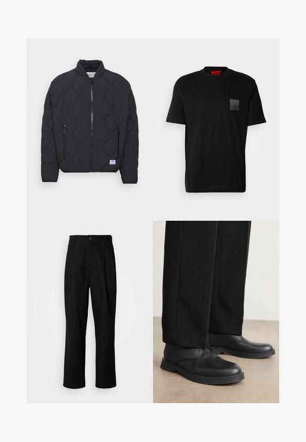 Melna quiltota bumbieru jaka ar augstu apkakli, rāvējslēdzēju priekšā un divām sānu kabatām. Iekļauta zīmola birka apakšējā kreisajā pusē.; Melnas kokvilnas T-kreklu ar apaļu kakla izgriezumu, ar strukturētu melnu uzšuvi ar logotipu kreisajā krūtī. Īsās piedurknes un brīvs piegriezums.; Melni taisni bikses ar pogu, jostu cilpiņām un priekšējo krokām, izliktas uz vienkārša balta fona.; Melni ādas apavi ar noapaļotu purngalu, platu zoli un minimālu apdari. Apvienoti ar pielāgotiem melniem biksēm, kas rāda gludu faktūru.