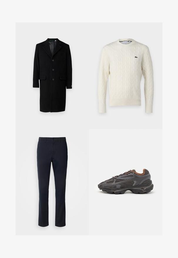 Lacoste Mantel - noir; Crème kabelgebreide trui met ronde hals, geribde manchetten en zoom, en een groen Lacoste-logo op de borst. De textuur van de stof benadrukt de details.; Marineblauwe broek van een gladde stof, met een rechte pijpdesign, riemlussen en een knoopsluiting met een ritssluiting.; Lacoste sneakers in donkergrijs van mesh en synthetisch materiaal, met een gestructureerde zool en bruine accenten op de kraag en branding.